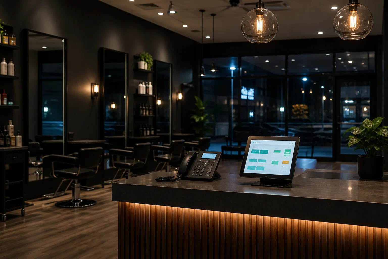 Leerer Salon nach Feierabend mit digitalem Empfang
